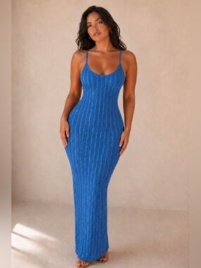 Blue Slim-Fit Knit Maxi Dress